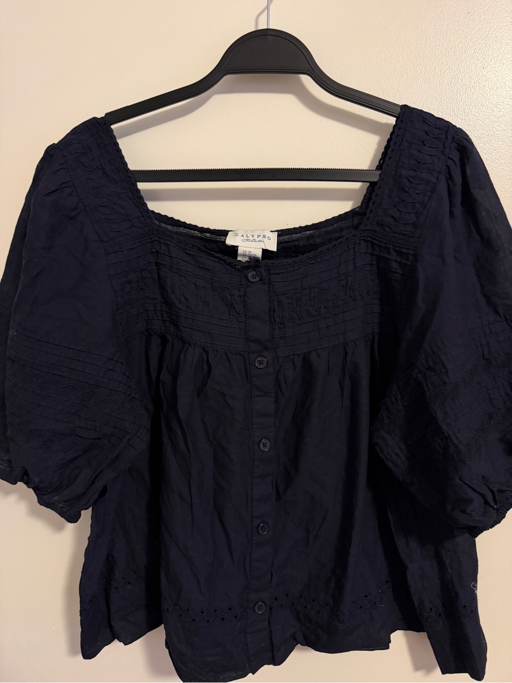 Calypso St Barth Blouse Navy Blue Peasant Babydoll Top XL - Picture 2 of 6